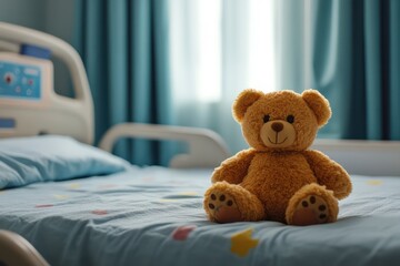 Teddy bear toy on hospital bed symbolizes child healthcare and comfort