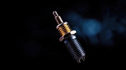 Close-up of a spark plug. the spark plug is in the center of the image, with a black background. it has a cylindrical shape with a pointed end and a small opening at the top.