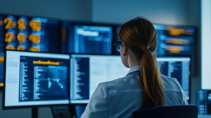 Business analytics and data science with predictive insights. Tech professional analyzing data on multiple monitors in a control center.