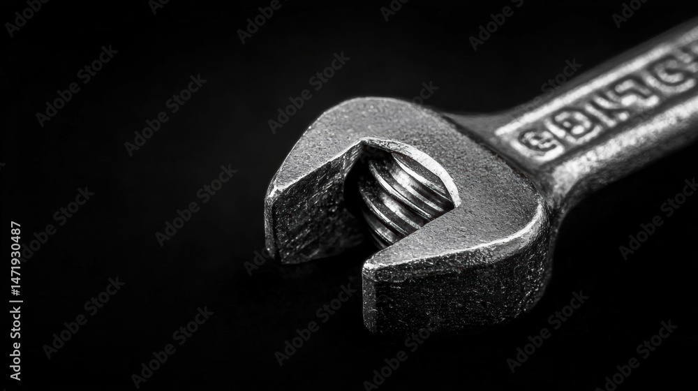 Poster close-up of a wrench. the wrench is made of metal and has a long handle with a pointed end. the head