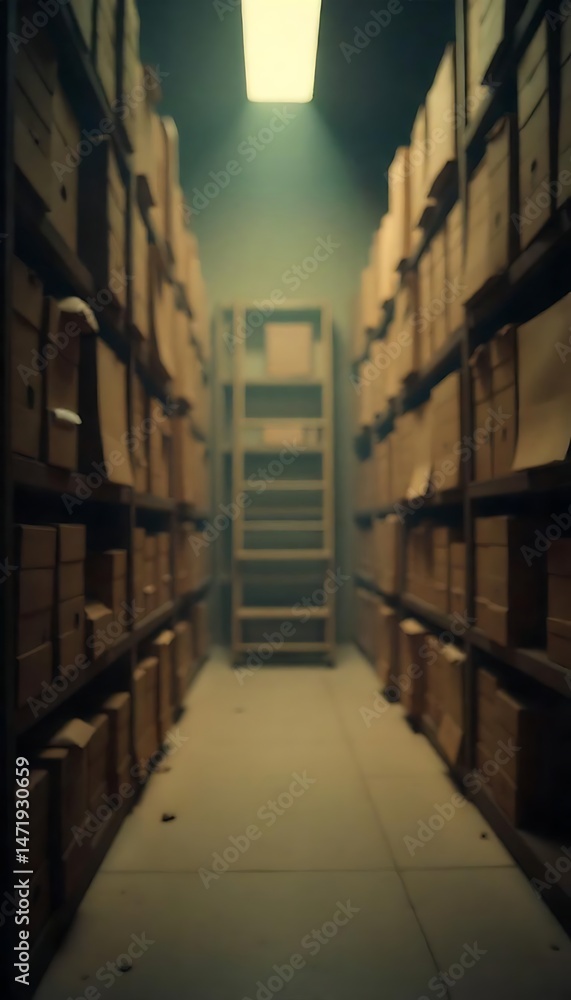 Aufkleber generative ai depiction of dusty archive storage with rows of shelves