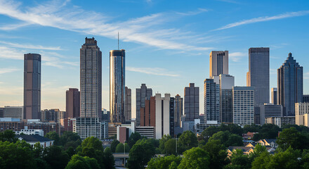Fototapeta premium Atlanta Skyline: Stunning Cityscape View at Sunset - Georgia Travel Photography, Urban Landscape, Skyscrapers & Beautiful Blue Sky