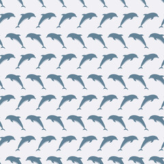 Seamless pattern with stylized blue dolphins on light background. Playful marine life design, perfect for textiles, kids' products, and summer themes. Marine seamless cute baby pattern.