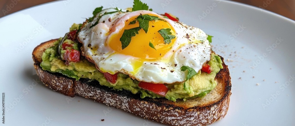 Poster slice of toast with a poached egg on top. the toast is dark brown and appears to be toasted. the egg