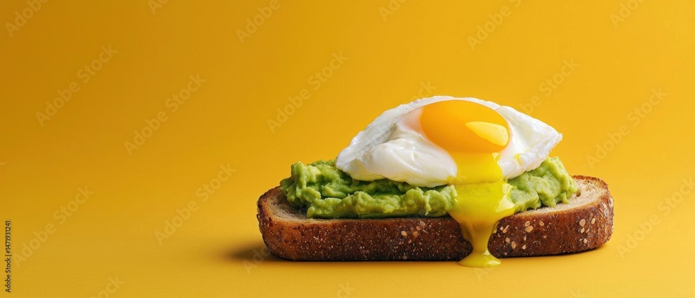 Poster slice of toast with a poached egg on top. the toast is dark brown and appears to be toasted. the egg