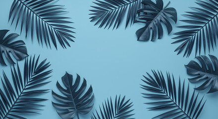 Naklejka premium Tropical Blue: Palm Leaves & Monstera Frame - Summer Vibes, Modern Background for Design, Art, & Creative Projects