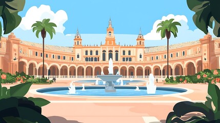 Naklejka premium Spanish Plaza Fountain with Sunny Day. (2)