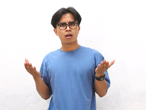 Clueless disappointed angry male client shocked with bad service, spread hands sideways in dismay and distressed, arguing looking questioned and frustrated, complain or condone someone