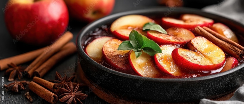 Poster black cast iron skillet filled with sliced apples and cinnamon sticks. the apples are arranged in a 