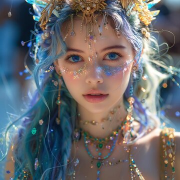 A young woman with striking blue eyes and wavy hair, adorned with jewelry, gazes directly at the viewer with a serene expression.