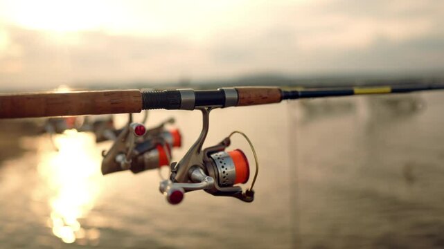 A fishing rod with a red and orange lure hanging from it. The rod is on the water