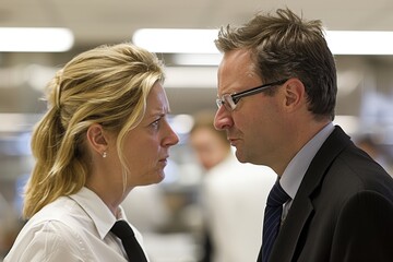 Intense confrontation between two professionals in a workplace setting.