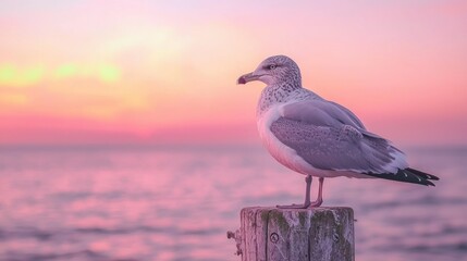 Seagull perched on a post at dawn