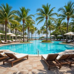  Poolside loungers at a hotel, surrounded by palm trees, hammocks, sun umbrellas. Turquoise water, clear sky, relaxing vibe.