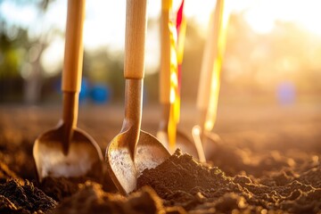Ceremonial shovels in soil at groundbreaking event
