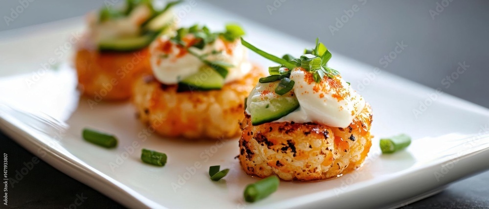 Poster white rectangular plate with three small appetizers on it. the appetizers appear to be made of shrim