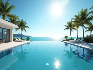 Fototapeta premium Modern villa with infinity pool facing the sea, tropical palm trees, bright sun, minimalist design, white and blue tones. 