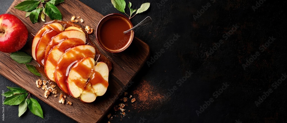 Poster wooden cutting board with sliced apples on it. the apples are arranged in a circular pattern and are
