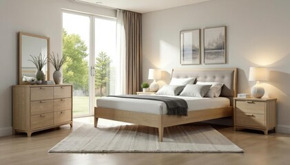 Modern bedroom furniture set, including bed, nightstands, and dresser Clean lines and neutral tones , guest bedroom, high-resolution