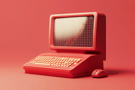 3D illustration of a retro red computer with a mouse and keyboard, a stock market graph on the screen, a solid background