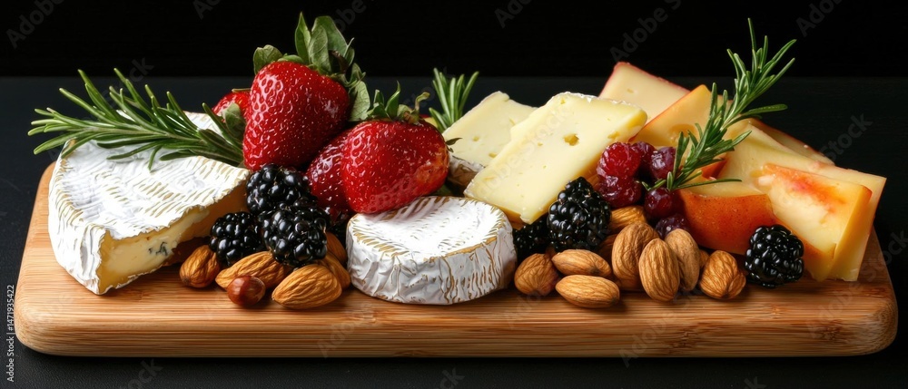 Poster the image is of a wooden cheese board with various types of cheese arranged on it.