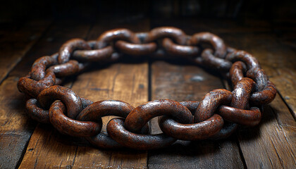 Fototapeta premium Ultra-Detailed Rusty Chain on Wooden Floor – Cinematic Macro Render in 32K HDR with Ray Tracing