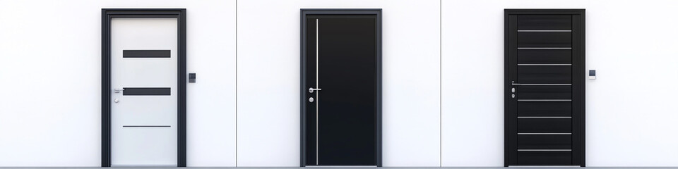 3D of three different modern aluminum doors on a white background, front view