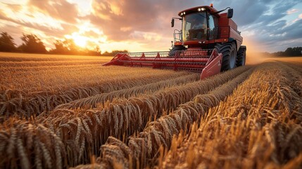 Red Combine Harvester Harvesting Wheat Field at Sunset