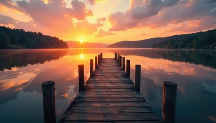 Obraz premium Rustic wooden hunting dock extending over calm water at sunrise , secluded, tranquil, shadows