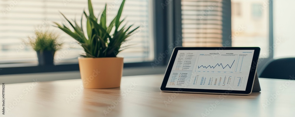 Poster business analytics and data science for risk management. modern workspace with a tablet displaying f