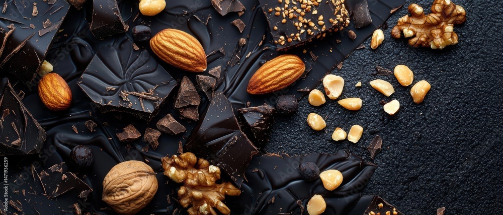 Aufkleber close-up of a dark chocolate background with various nuts scattered on it. there are several pieces 