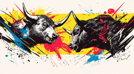 A black and white vector illustration of an angry bull facing off against a bear on the left side, with stock market graph lines in red or blue behind them