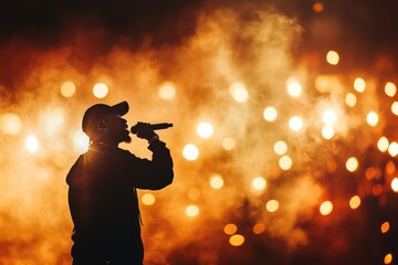 Silhouette of male rapper performing on smoky stadium stage