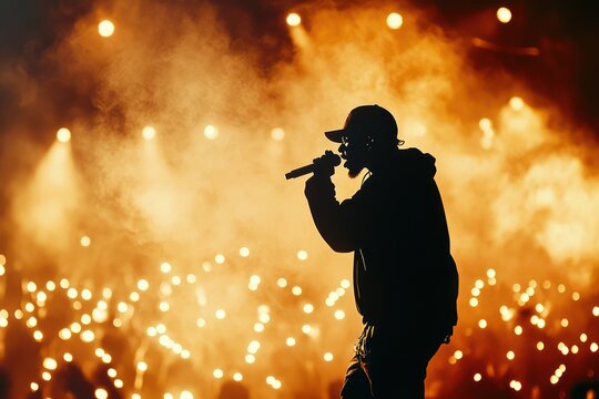 Silhouette of male rapper performing on smoky stadium stage