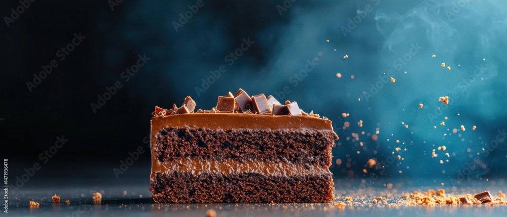 Fototapete close-up of a slice of chocolate cake on a black surface. the cake is rectangular in shape and has a