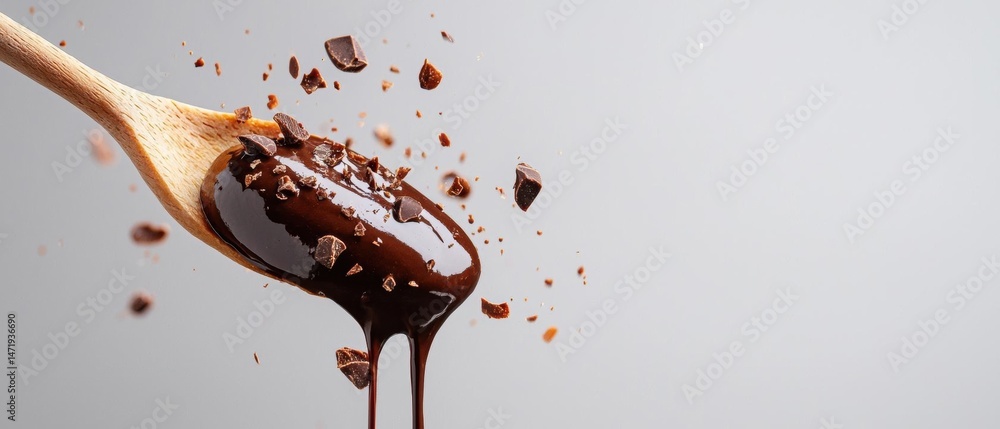 Poster wooden spoon with a drizzle of dark chocolate sauce on it. the sauce is dripping down from the spoon