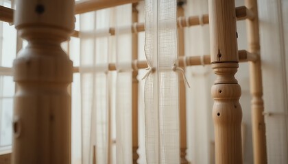 Wooden bed frame with white curtains