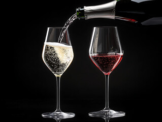 A bottle of wine is poured into two wine glasses