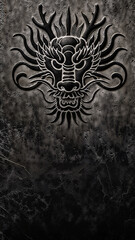 Fototapeta premium A Detailed Depiction of a Dragon on a Stone Wall, Set Against an Enveloping Black Background, a True Dragon Background.