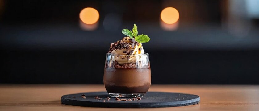 Dessert in a glass on a black circular coaster. the dessert appears to be a chocolate mousse with a scoop of vanilla ice cream on top. - Powered by Adobe