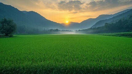 Fototapeta premium Rice Field at Sunset with Mountains and Mist