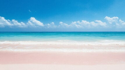 Obraz premium Pink sand beach with turquoise water under a blue sky with fluffy clouds