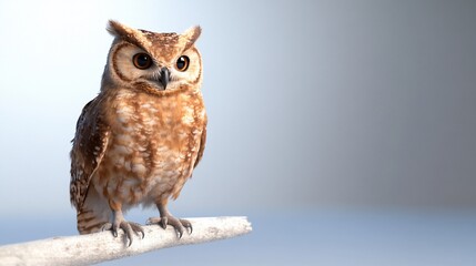 Obraz premium Realistic owl perching on branch, brown feathers, intense gaze, blue/white gradient
