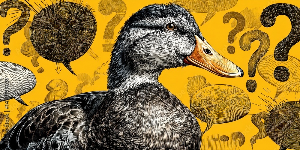 Poster duck surrounded by perplexing thoughts