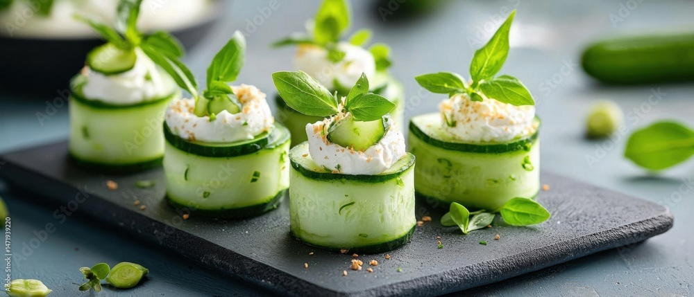 Poster black slate plate with six small cucumber cups arranged in a circular pattern. each cup is topped wi