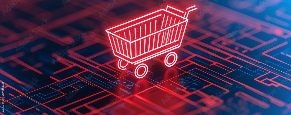 Poster e-commerce with high-converting online stores. digital shopping cart on a technological background.