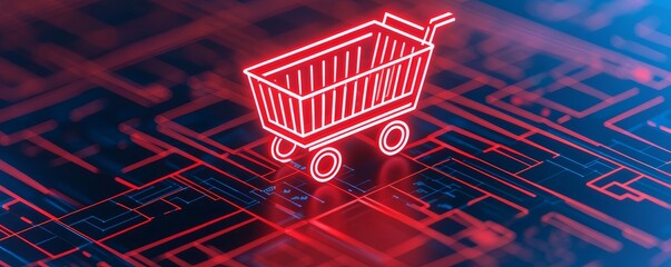 E-commerce with high-converting online stores. Digital shopping cart on a technological background.