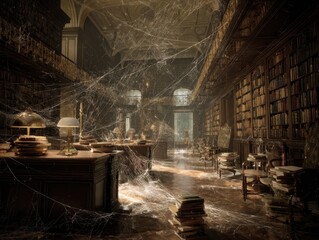 A grand, dusty library, shrouded in cobwebs.