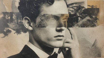 Intriguing portrait collage of a man in profile view.