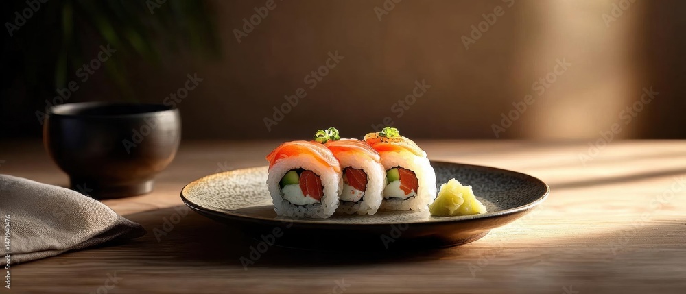 Poster plate of sushi rolls on a wooden table. the sushi rolls are arranged in a circular pattern on the pl